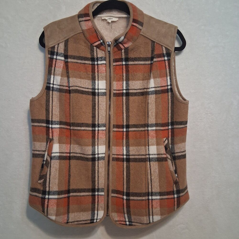 Entro L Vest Faux Suede Shepa Fleece Lined Brown Orange Plaid Pockets Outdoors